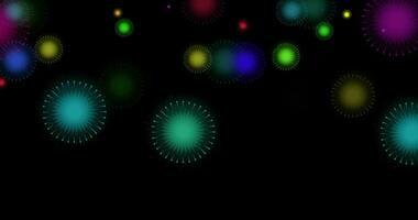 Animated motion graphic of colorful fireworks on black background. for 4th of July, New Year, Diwali, Christmas, Festival celebration. video