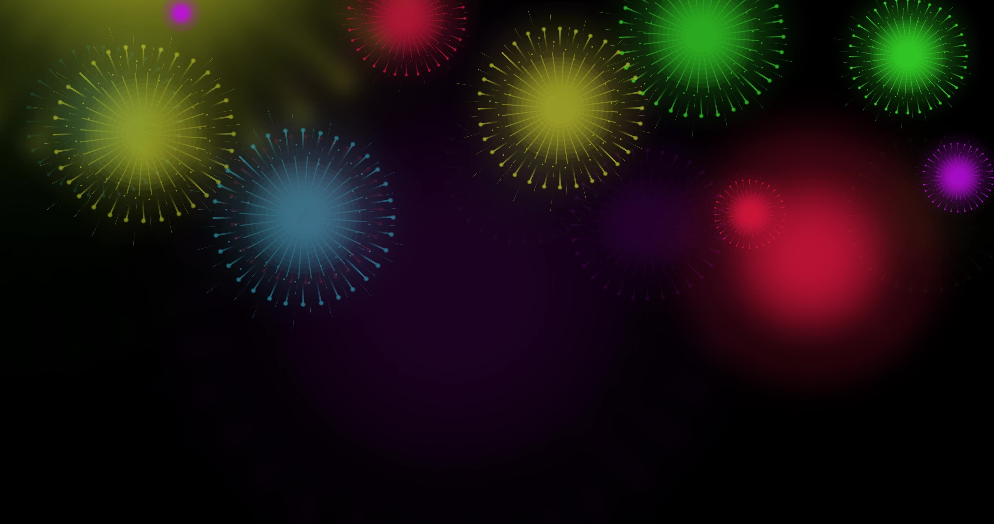 Animated motion graphic of multicolored fireworks on black background