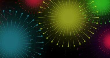 Animated motion graphic of multicolored fireworks on black background. video