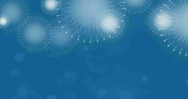 Animated motion graphics of holiday celebration fireworks with bokeh effects on blue background. 4th of July, New Year, Diwali, Christmas, Festival Celebration. video