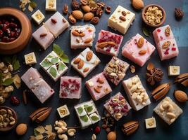 Eastern sweets.turkish delight,lokum with nuts,top view Generative Ai photo
