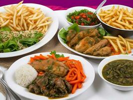 Free photo dinner set with dolma soups, salads and chicken with rice and french fries Generative Ai