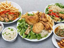 Free photo dinner set with dolma soups, salads and chicken with rice and french fries Generative Ai