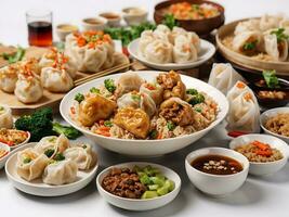 Chinese food on white background. noodles, fried rice, dumplings, stir fry chicken, dim sum, spring roll Generative Ai photo