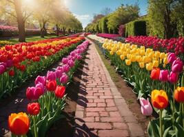 Alley among colorful tulips keukenhof park lisse in holland Generative Ai photo