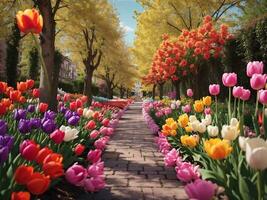 Alley among colorful tulips keukenhof park lisse in holland Generative Ai photo