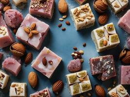 Eastern sweets.turkish delight,lokum with nuts,top view Generative Ai photo