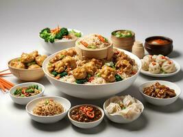 Chinese food on white background. noodles, fried rice, dumplings, stir fry chicken, dim sum, spring roll Generative Ai photo