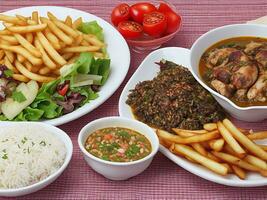 Free photo dinner set with dolma soups, salads and chicken with rice and french fries Generative Ai