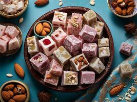 Eastern sweets.turkish delight,lokum with nuts,top view Generative Ai photo