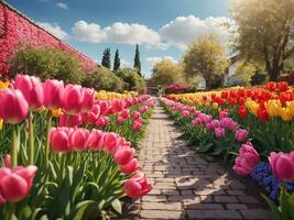 Alley among colorful tulips keukenhof park lisse in holland Generative Ai photo