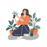 Young girl sitting and planting indoor plants, illustration in flat style vector. vector