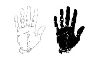 Handprint of person. Impression of man or woman hand. Silhouette, outline. Human palm icon. Vector isolated on white. Design, printing, illustration, textile, card, poster, banner