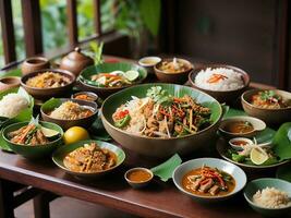 foto variedad auténtico tailandés tradicional comida en mesa generativo ai
