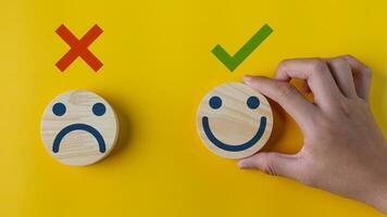 Positive and negative emotions, Good and bad experience, Happy and unhappy emoji icons, Customer satisfaction and product service evaluation, Customer feedback review photo