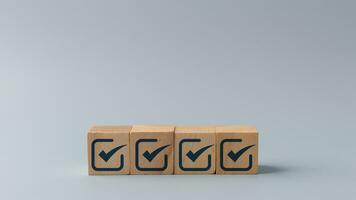 Checklist, Check mark icons for the jobs list on the wooden blocks. Task lists, Surveys, Assessments, Lists, Confirm items, Quality Control. Goals achievement business success. photo