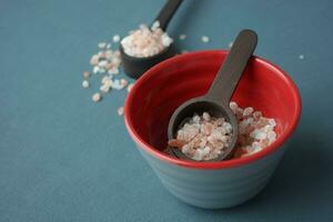 Raw dried pink Himalayan salt in a bowl photo