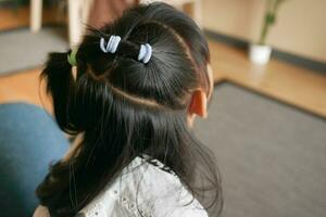 Beautiful ribbon is tied on a child hair photo