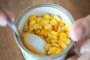 canned sweet corn close up . photo