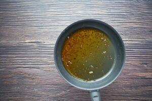 Used vegetable on cooking pan on table photo