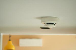 White smoke detector on ceiling at home photo