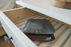 a wallet in a open drawer closeup. photo