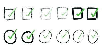 Vector scribble pen doodle hand drawn underlines, check boxes. Grunge sketch tick boxes, check marks, highlights, lines, rectangles, circles and arches. Check mark with box, circle element.