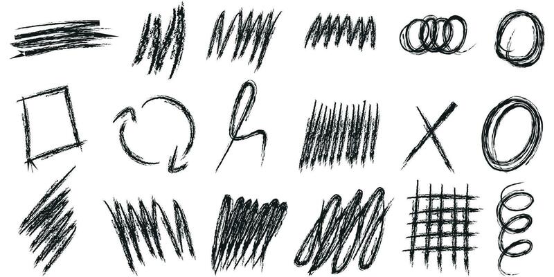 Abstract grunge charcoal scribble stripes, handdrawn doodle bold shapes. Chalk crayon or marker doodle rouge freehand scratches. Vector illustration of lines, waves, arrows, squiggles by brushstroke