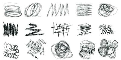 Abstract grunge charcoal scribble stripes, handdrawn doodle bold shapes. Chalk crayon or marker doodle rouge freehand scratches. Vector illustration of lines, waves, arrows, squiggles by brush stroke