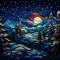 Winter night landscape in stained glass style. AI-generated photo