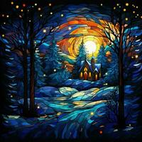 Winter night landscape in stained glass style. AI-generated photo