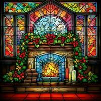 Christmas eve cozy fireplace in stained glass style photo