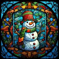 Cute snowman postcard in stained glass style photo