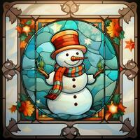 Cute snowman postcard in stained glass style photo