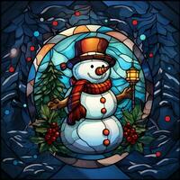 Cute snowman postcard in stained glass style photo