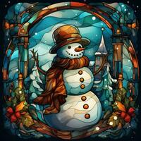 Cute snowman postcard in stained glass style photo