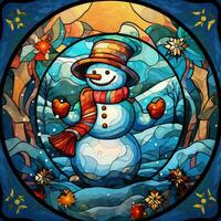 Cute snowman postcard in stained glass style photo