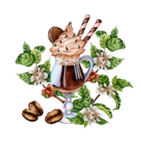 Watercolor illustration of coffee cocktail, twigs, coffee beans and flowers. Hand drawn watercolor illustrations of drinks for greeting cards, logos, print. Design for making cappuccino. png