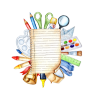 vattenfärg ClipArt sammansättning med en anteckningsbok ark för text, dekorerad med skola objekt och konst objekt, hantverk förnödenheter, pennor, pennor, borstar, sax, lim, häftapparat, tejp, klocka. png