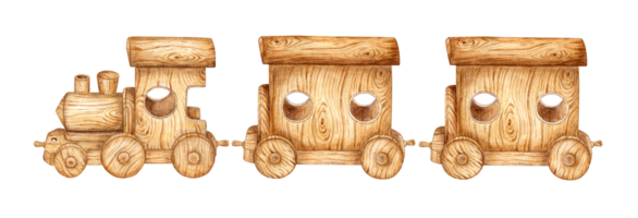 crianças brinquedo de madeira trem e dois trechos de um filme. aguarela ilustração do transporte para pequeno crianças em a isolado. desenhando do uma brinquedo trem para crianças Projeto. png