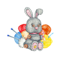 Watercolor illustration of a knitted gray rabbit, balls of thread, crochet hook and knitting needles. Love for knitting, creativity, needlework, logo, banner, design, clipart. Isolated png