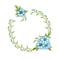 Watercolor illustration of a round frame of a wreath of blue flax flowers with buds. Great pattern for kitchen, home decor, stationery, wedding invitations and clothes. Isolated png