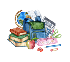 Aquarell Illustration Blau Rucksack und Schreibwaren Bild zum Studenten, Schulkinder, Studie Ausrüstung, Schule Lieferungen. zurück zu Schule. Bildung Konzept isoliert png