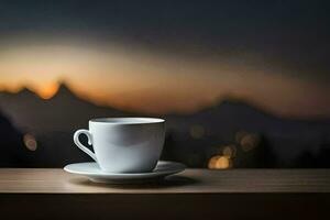 a cup of coffee on a table with mountains in the background. AI-Generated photo