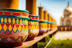 colorful pots lined up in front of the taj mahal. AI-Generated photo