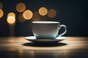 a cup of coffee on a table in front of a blurred background. AI-Generated photo