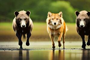 Tres marrón osos y un zorro corriendo juntos. generado por ai foto