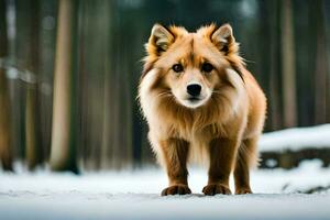 un perro es en pie en el nieve en el bosque. generado por ai foto