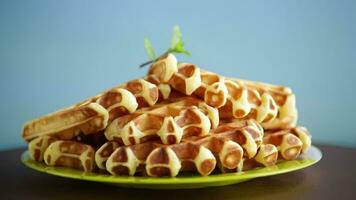 Sweet cottage cheese wafers with a sprig of mint in a plate, on a wooden table. video