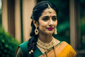 a beautiful indian bride in a yellow sari. AI-Generated photo